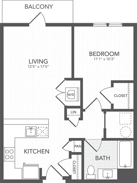 Floor plan for 1 bed, 1 bath, 748 sqft
